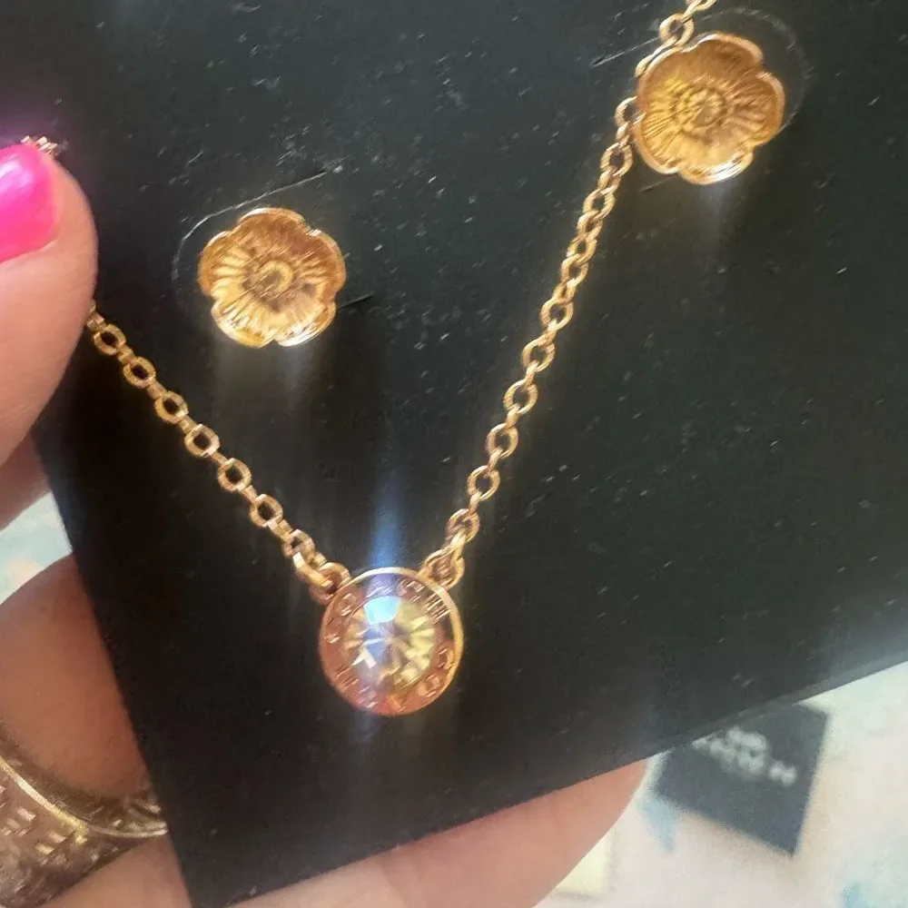 Coach Rose Gold Necklace and Tea Rose Earring Set